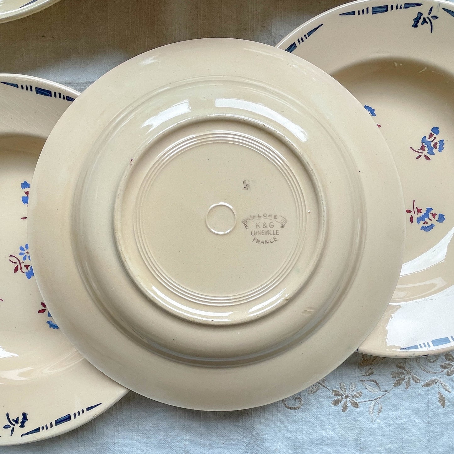6 Assiettes creuses porcelaine vintage K&g Luneville "Flore" 1950s petites fleures bleues