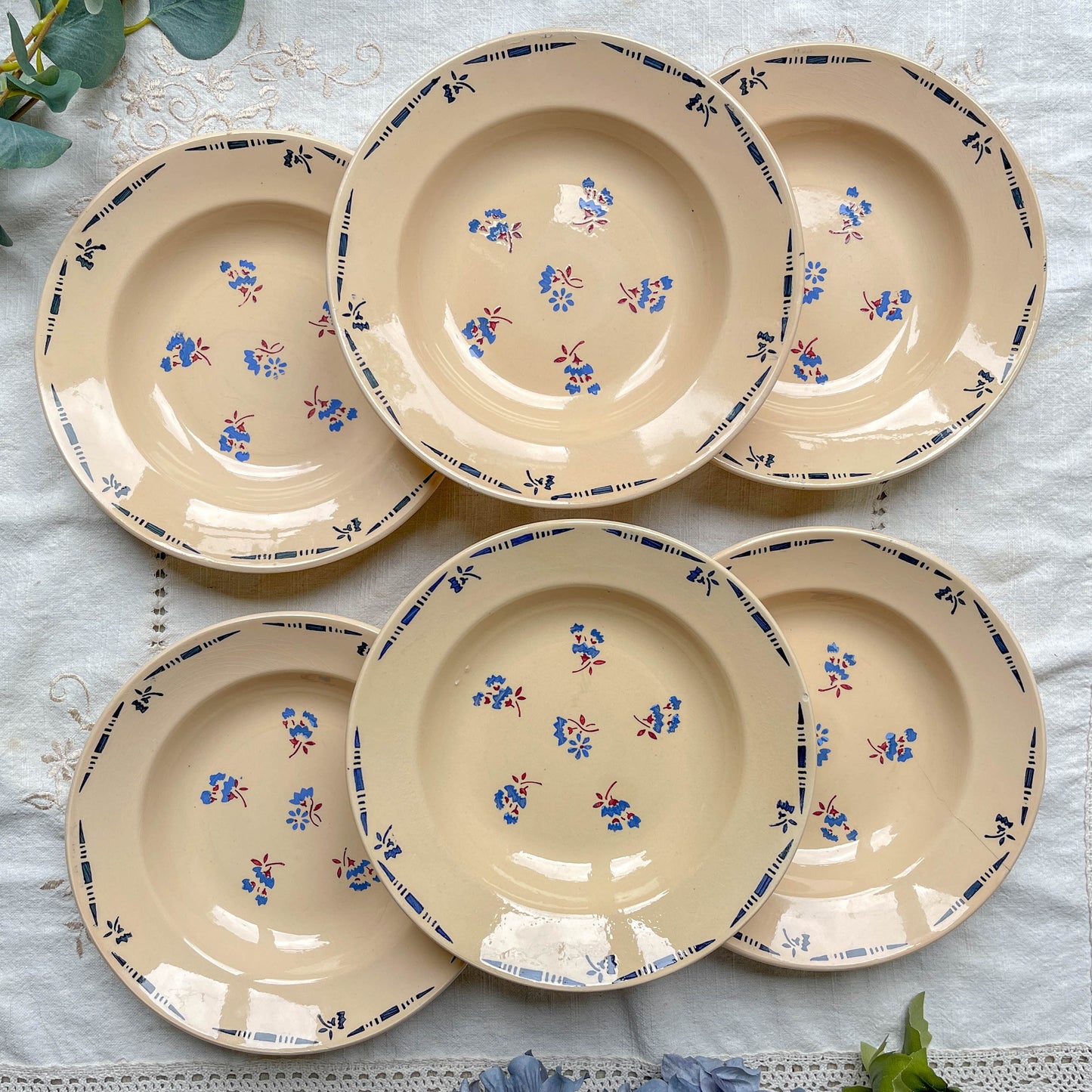 6 Assiettes creuses porcelaine vintage K&g Luneville "Flore" 1950s petites fleures bleues