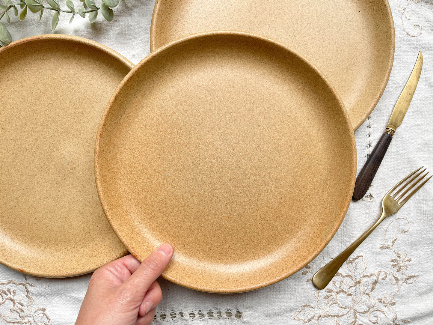 3 Vintage stoneware plates, Sarreguemines Fermette model, made in France.