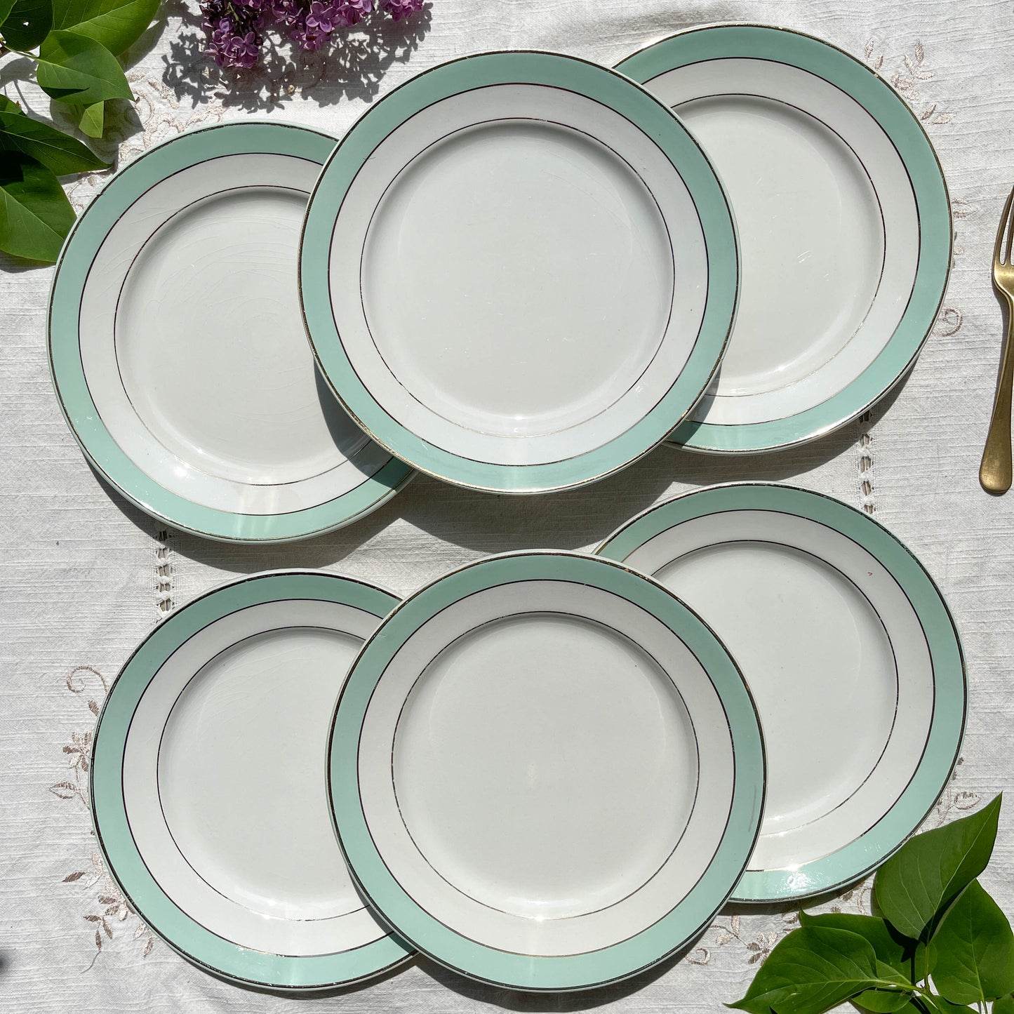 6 Assiettes plates BADONVILLER en faïence blanche verte dorée