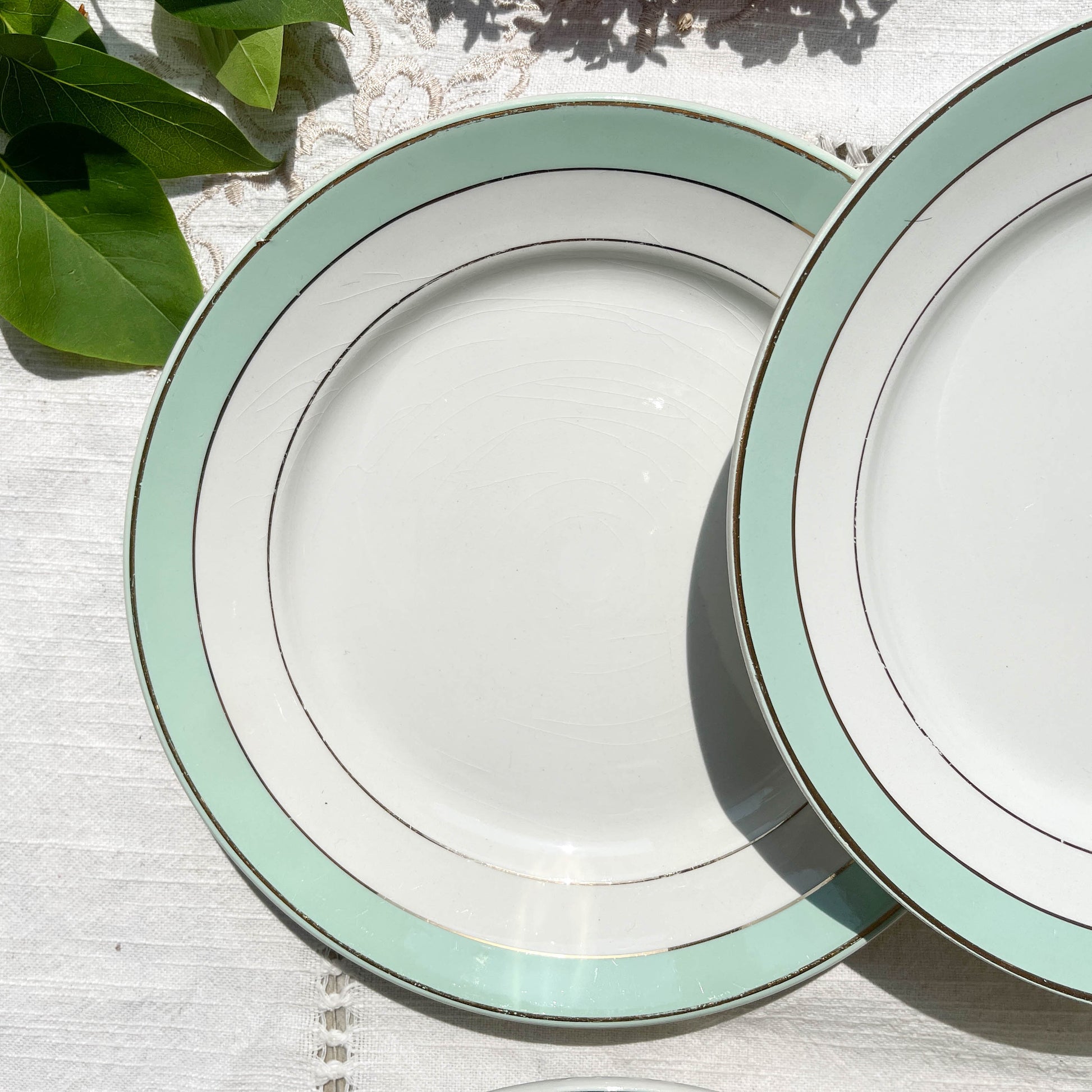 6 Assiettes plates BADONVILLER en faïence blanche verte dorée