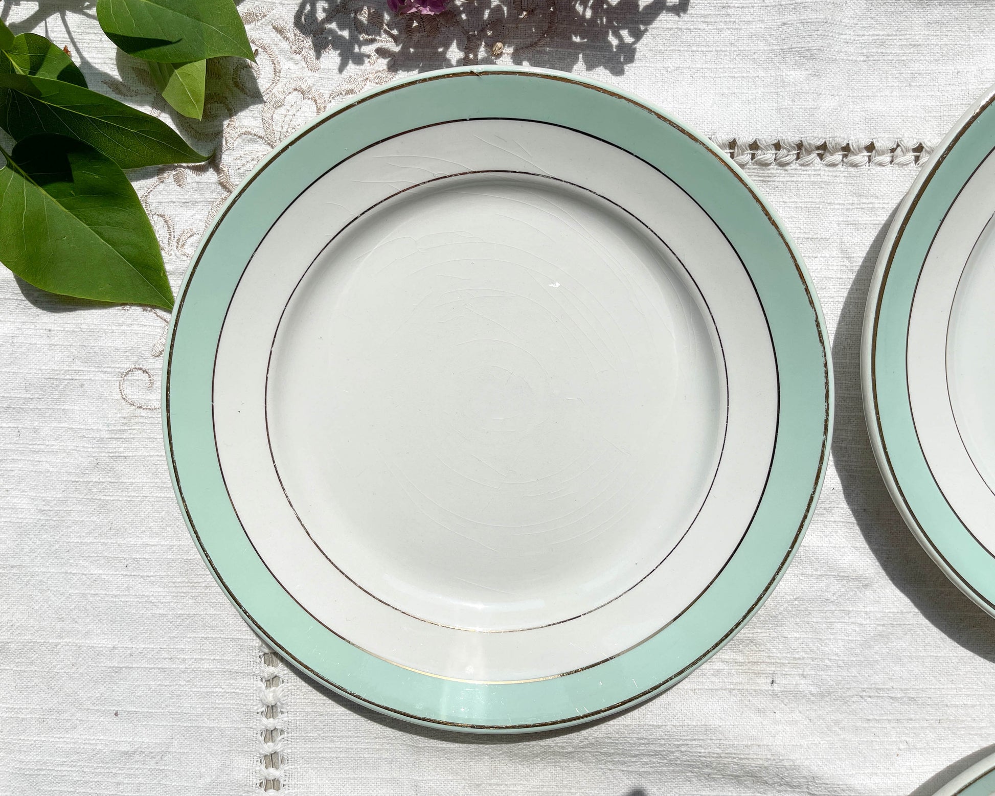 6 Assiettes plates BADONVILLER en faïence blanche verte dorée