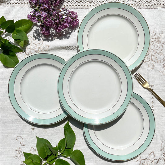4 Assiettes plates BADONVILLER en faïence blanche verte dorée