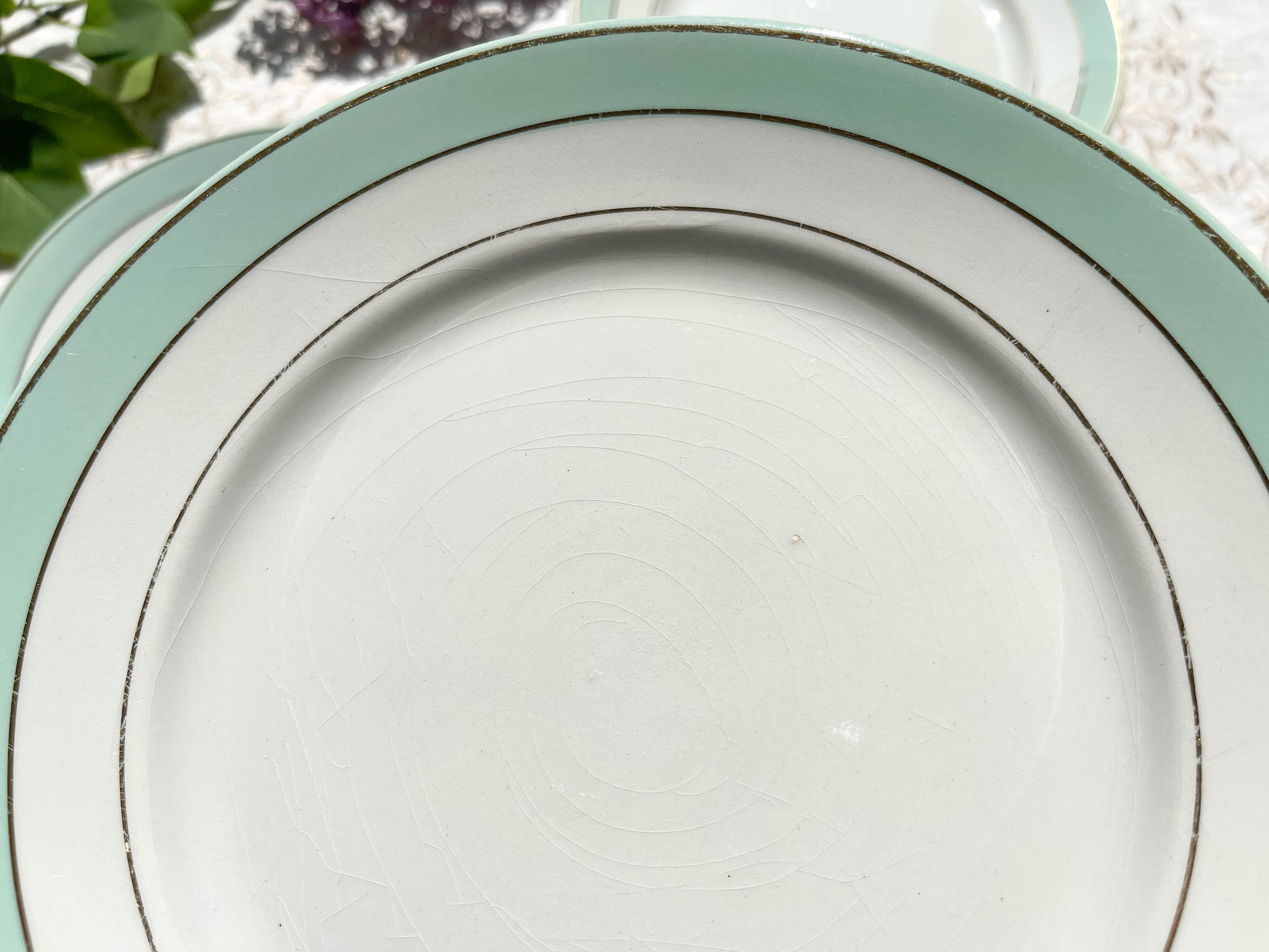 4 Assiettes plates BADONVILLER en faïence blanche verte dorée