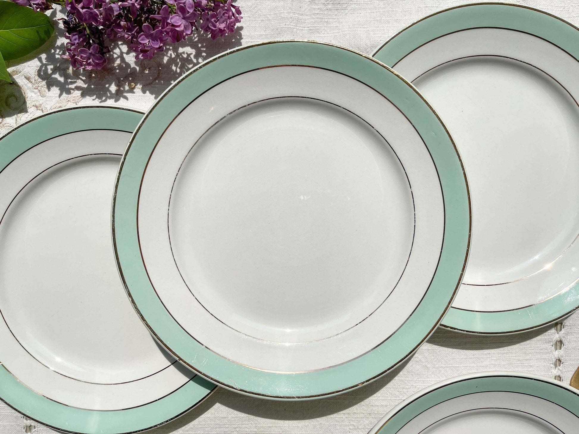 6 Assiettes plates BADONVILLER en faïence blanche verte dorée