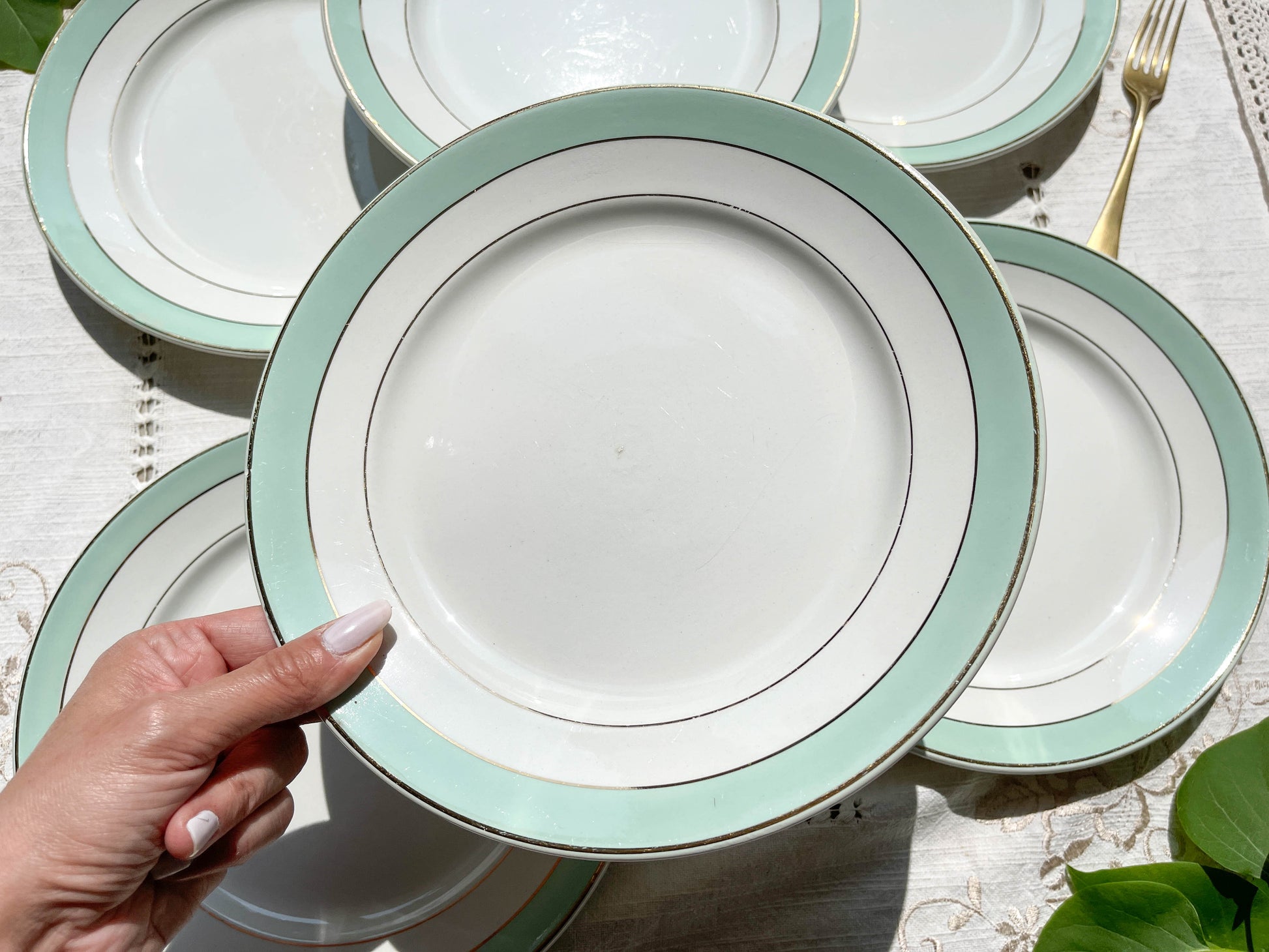 6 Assiettes plates BADONVILLER en faïence blanche verte dorée