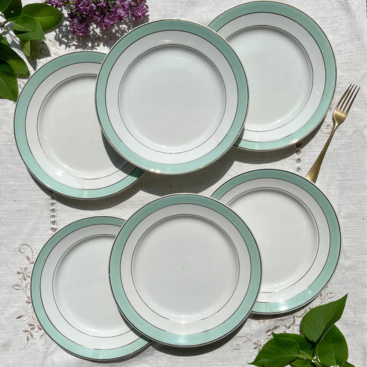 6 Assiettes plates BADONVILLER en faïence blanche verte dorée