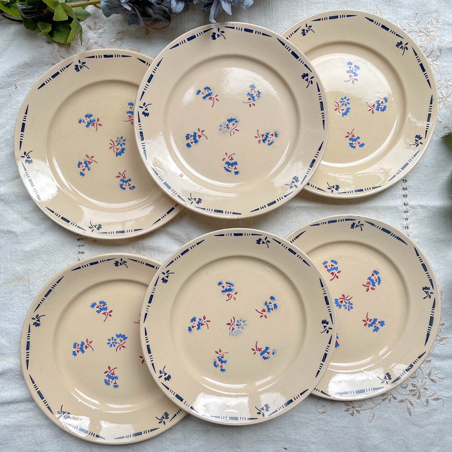 6 Assiettes plates porcelaine vintage K&g Luneville "Flore" 1950s petites fleures bleues