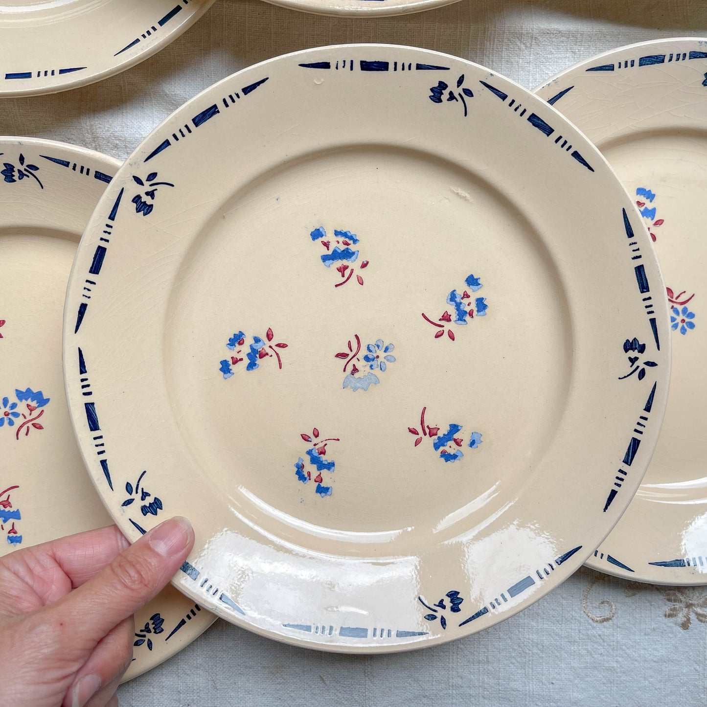6 Assiettes plates porcelaine vintage K&g Luneville "Flore" 1950s petites fleures bleues
