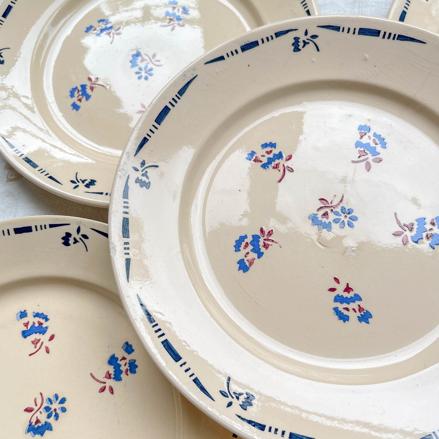 8 Assiettes plates porcelaine vintage K&g Luneville "Flore" 1950s petites fleures bleues