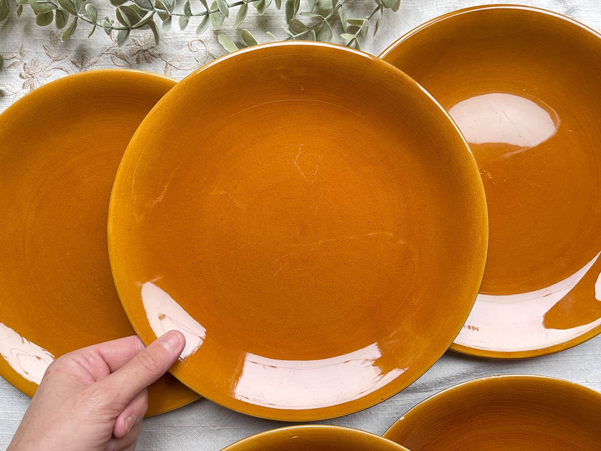 6 Assiettes Vintage en faïence couleur ambre Longchamp, France 1970