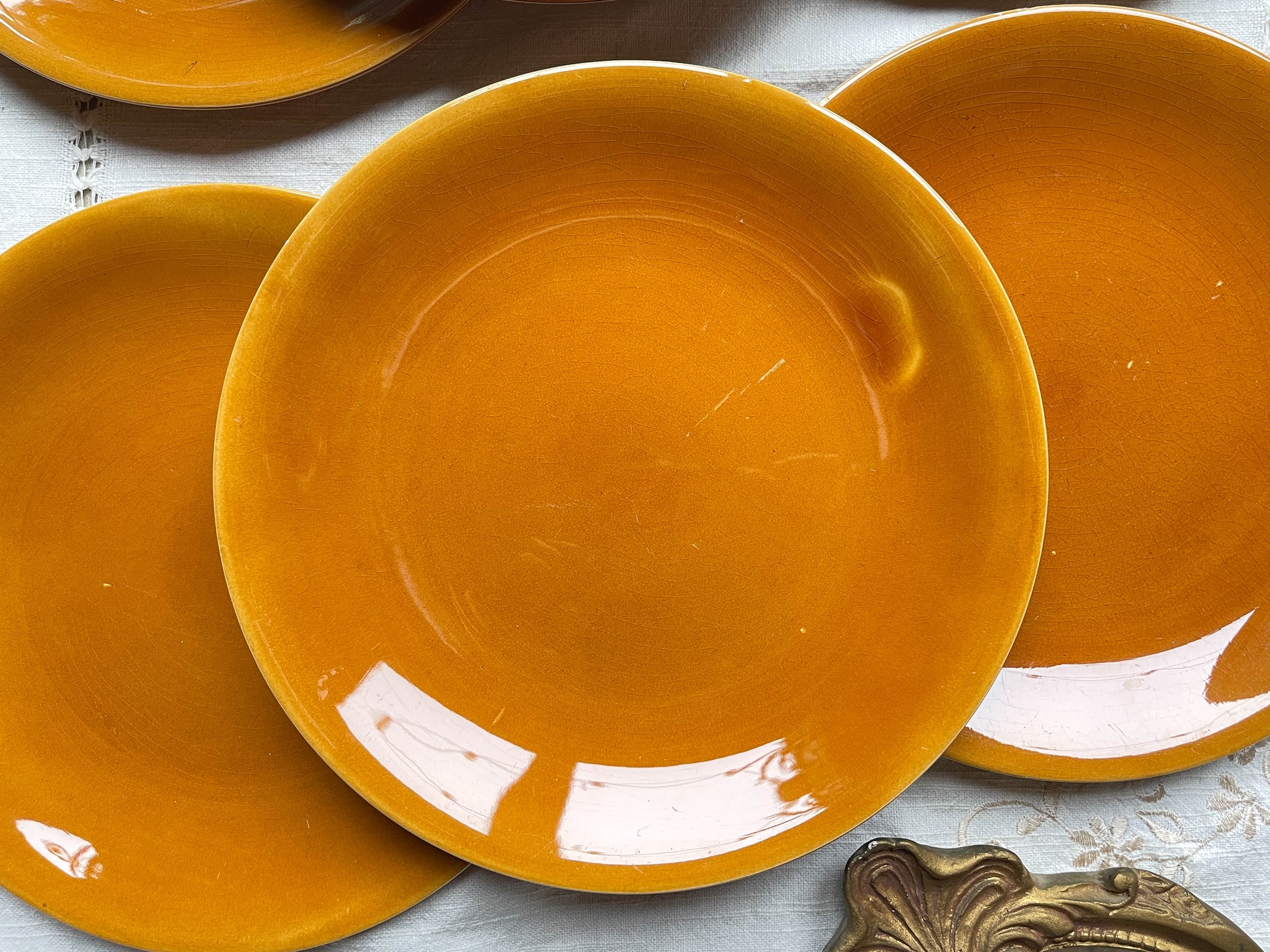 6 Assiettes Vintage en faïence couleur ambre Longchamp, France 1970