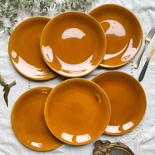 6 Assiettes Vintage en faïence couleur ambre Longchamp, France 1970