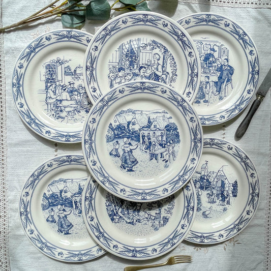 Lot de 7 Assiettes Plates Anciennes Faïence illustrée Gien