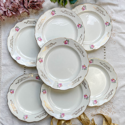 7 Assiettes plates vintage en faïence fleurie Gien - Modèle "Marie-Laure" (1950)