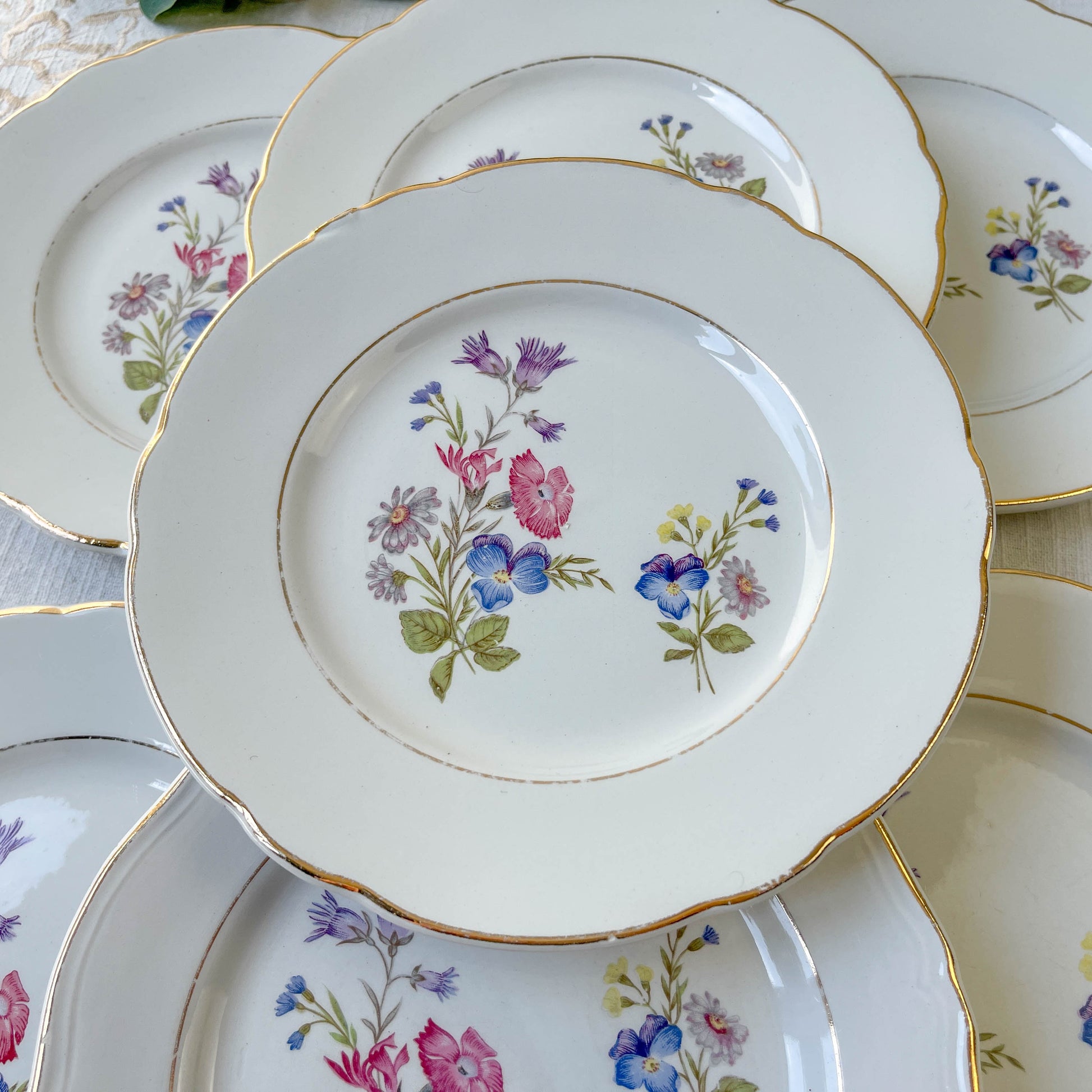 7 Petites Assiettes en porcelaine vintage motif fleuri KG Luneville
