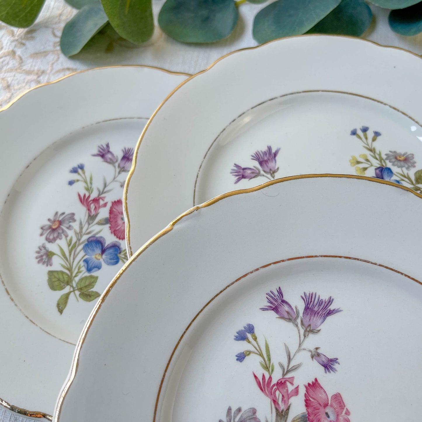 7 Vintage Porcelain Small Plates with Floral Pattern, KG Luneville