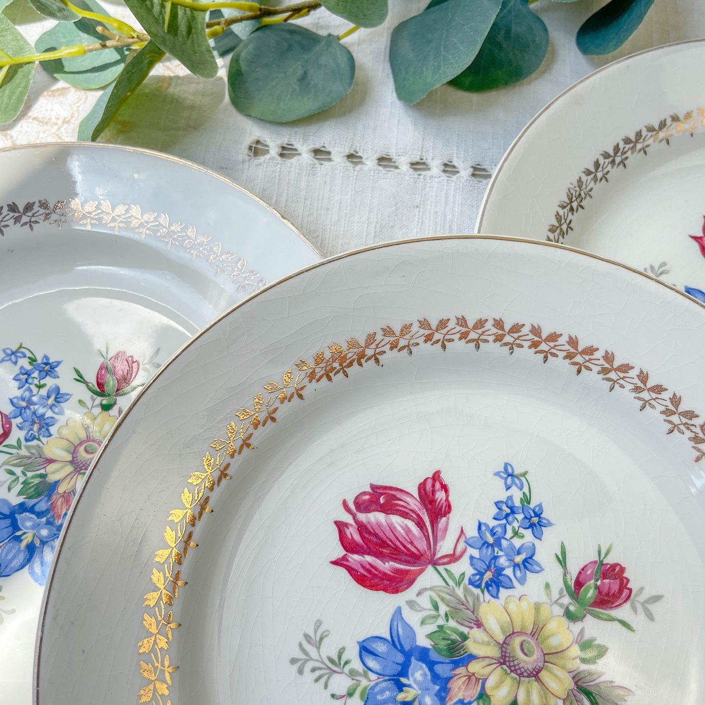 4 Assiettes plates en porcelaine vintage motif fleuri Sarreguemines 5261 -Vaisselle vintage fleurie -Vaisselle Française Assiettes-vintage