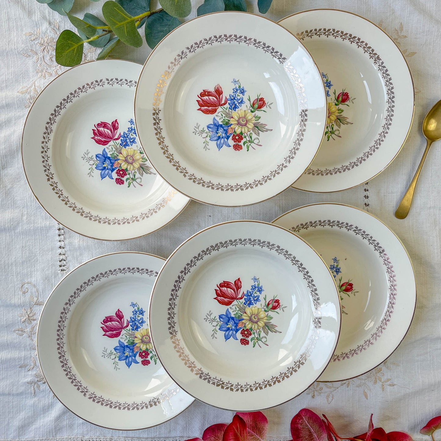6 Assiettes creuses en porcelaine vintage motif fleuri Sarreguemines 5261 - Vaisselle vintage fleurie -Vaisselle Française Assiettes-vintage