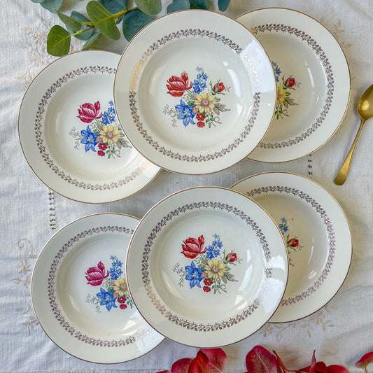 6 Assiettes creuses en porcelaine vintage motif fleuri Sarreguemines 5261 - Vaisselle vintage fleurie -Vaisselle Française Assiettes-vintage