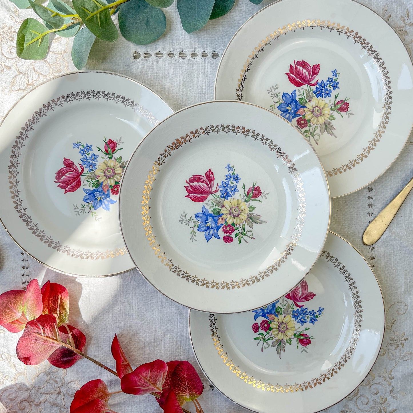4 Assiettes plates en porcelaine vintage motif fleuri Sarreguemines 5261 -Vaisselle vintage fleurie -Vaisselle Française Assiettes-vintage