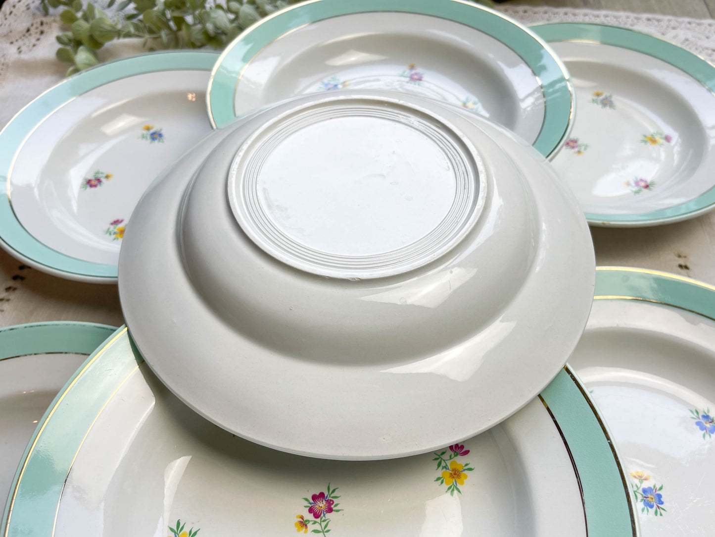 7 Assiettes creuses porcelaine vintage blanche verte fleurie LUNEVILLE 1950s