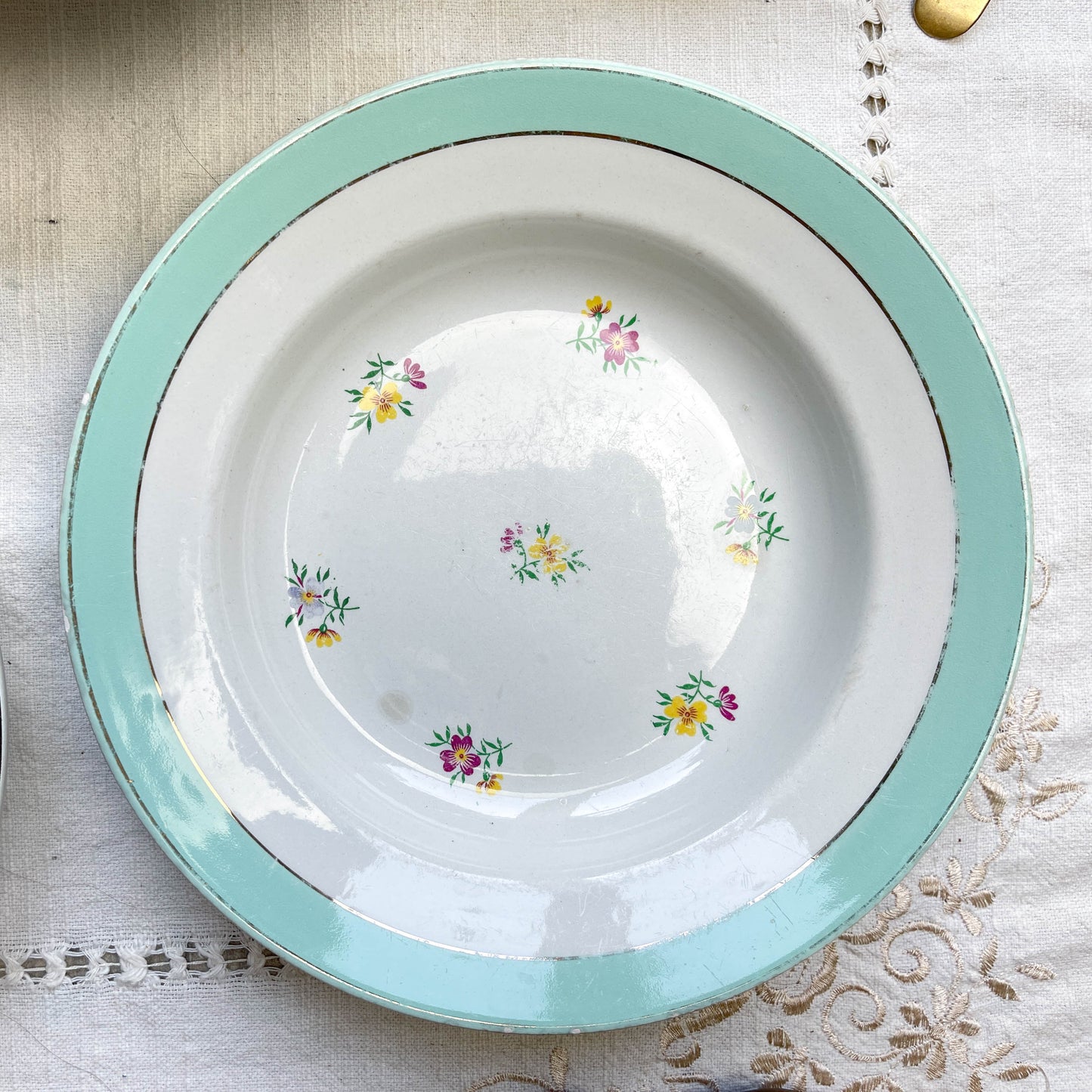 7 Assiettes creuses porcelaine vintage blanche verte fleurie LUNEVILLE 1950s