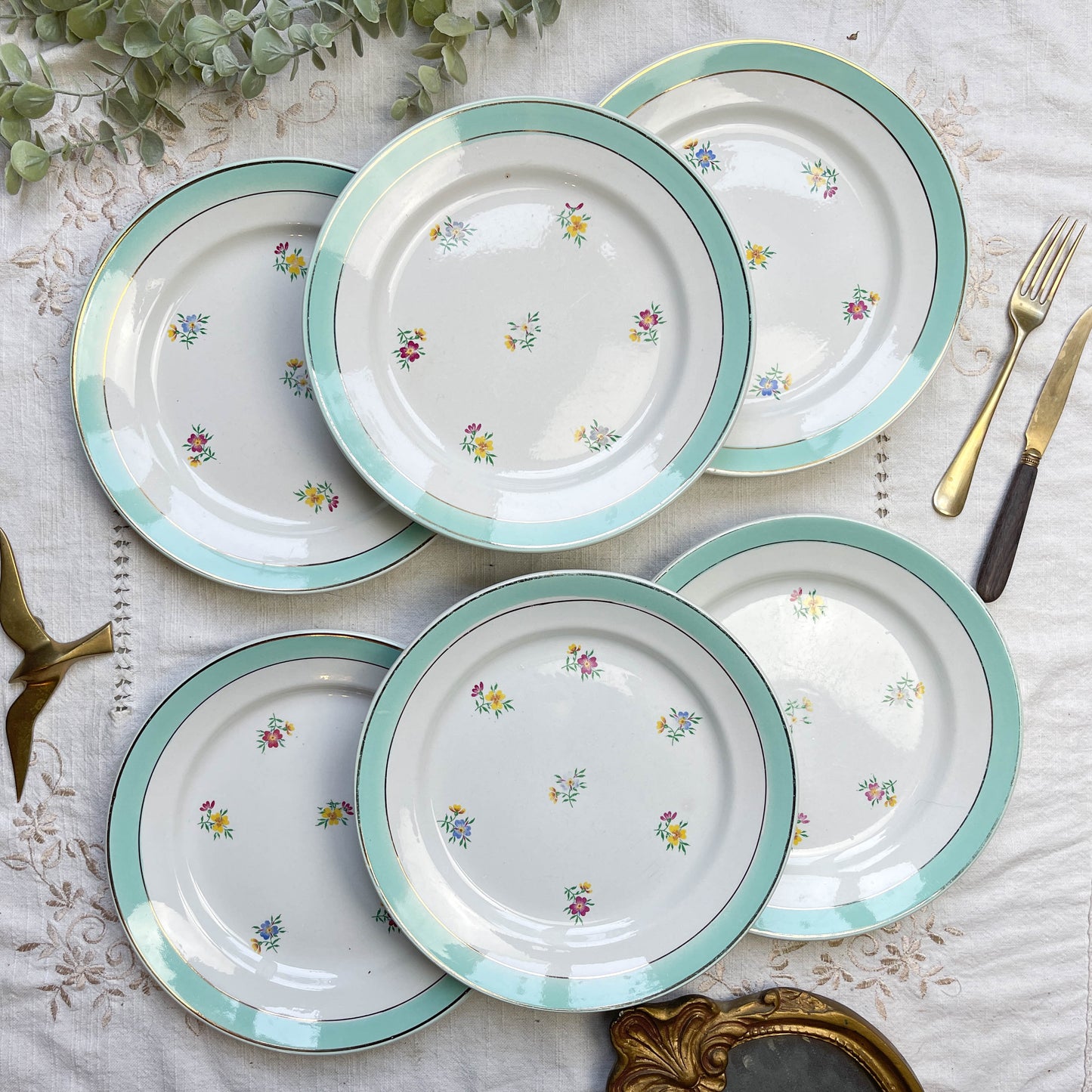 6 Assiettes plates porcelaine vintage blanche verte fleurie LUNEVILLE 1950s