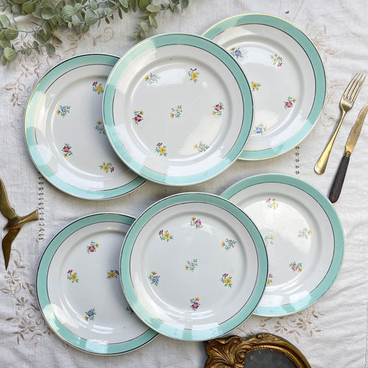 6 Assiettes plates porcelaine vintage blanche verte fleurie LUNEVILLE 1950s
