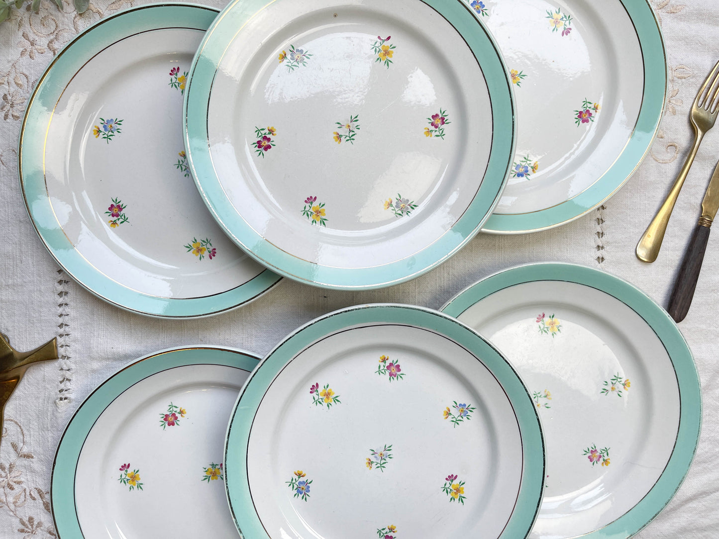 6 Assiettes plates porcelaine vintage blanche verte fleurie LUNEVILLE 1950s