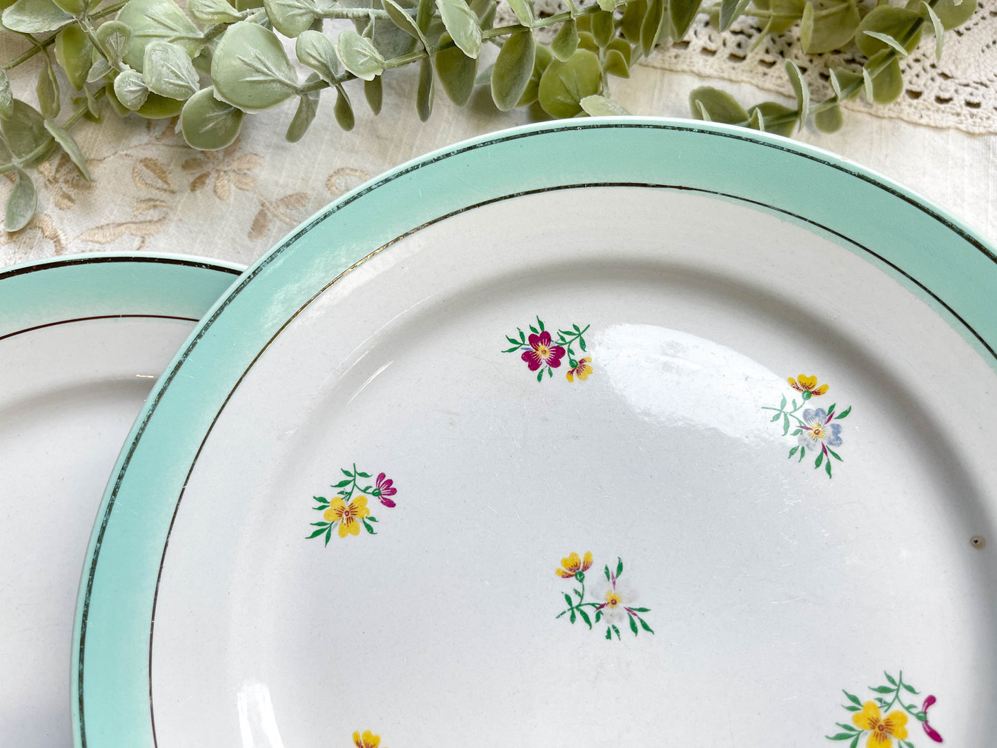 6 Vintage white and green floral porcelain dinner plates, Lunéville, 1950s.