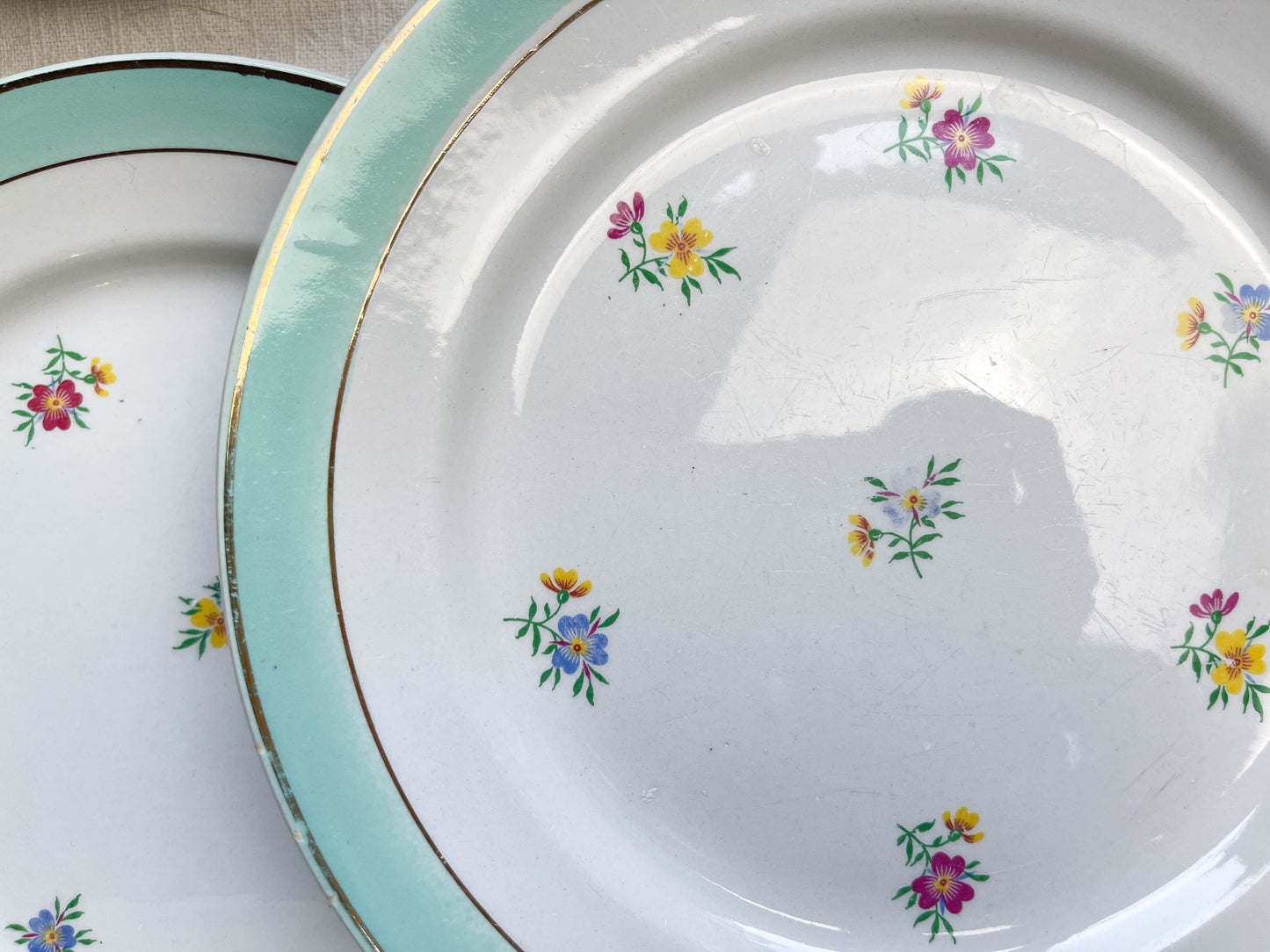 6 Assiettes plates porcelaine vintage blanche verte fleurie LUNEVILLE 1950s