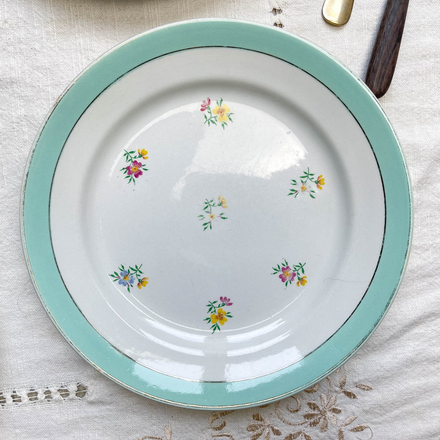 6 Assiettes plates porcelaine vintage blanche verte fleurie LUNEVILLE 1950s