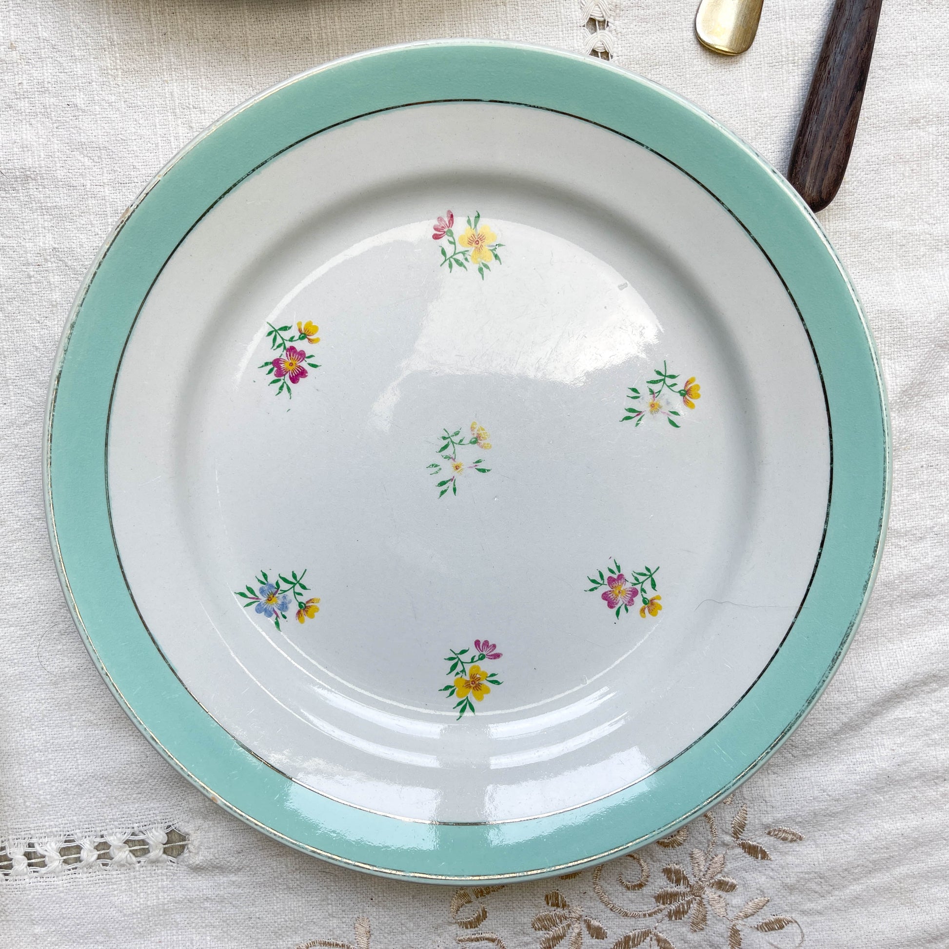 6 Assiettes plates porcelaine vintage blanche verte fleurie LUNEVILLE 1950s
