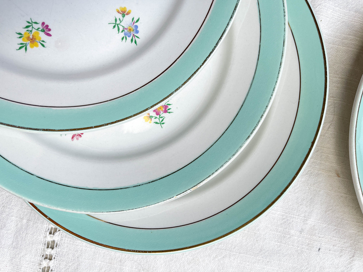 6 Assiettes plates porcelaine vintage blanche verte fleurie LUNEVILLE 1950s