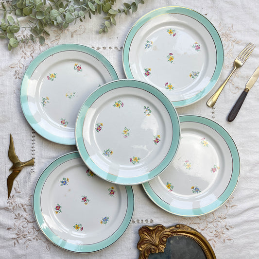 5 Assiettes plates porcelaine vintage blanche verte fleurie LUNEVILLE 1950s