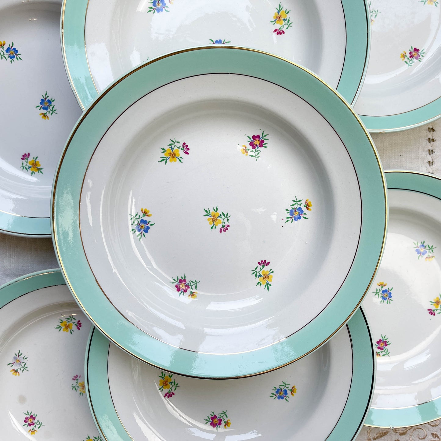 7 Assiettes creuses porcelaine vintage blanche verte fleurie LUNEVILLE 1950s