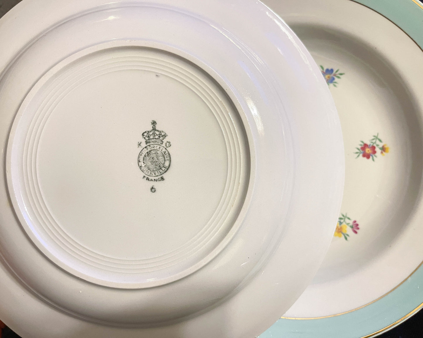 5 Assiettes plates porcelaine vintage blanche verte fleurie LUNEVILLE 1950s
