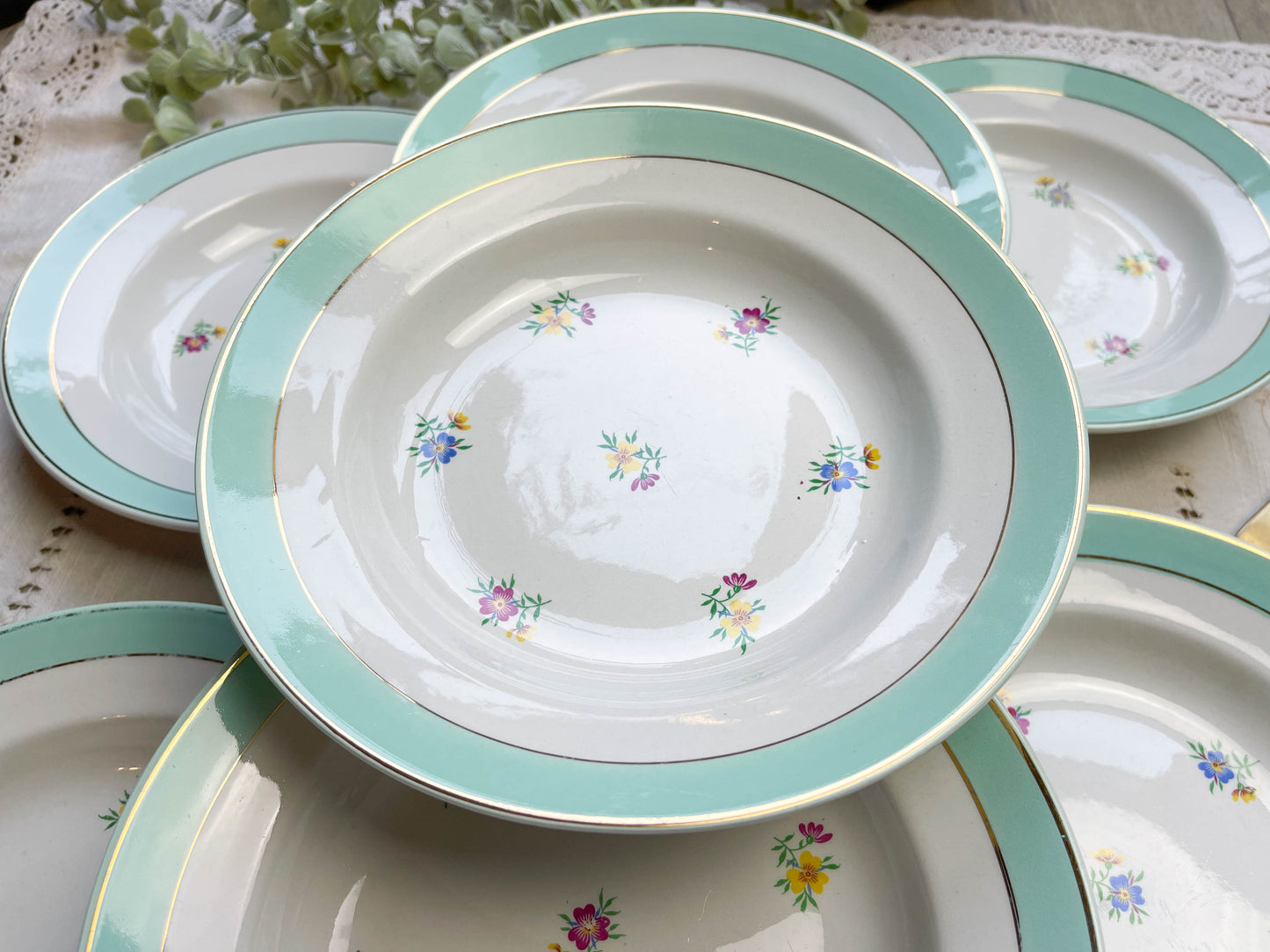 7 Assiettes creuses porcelaine vintage blanche verte fleurie LUNEVILLE 1950s