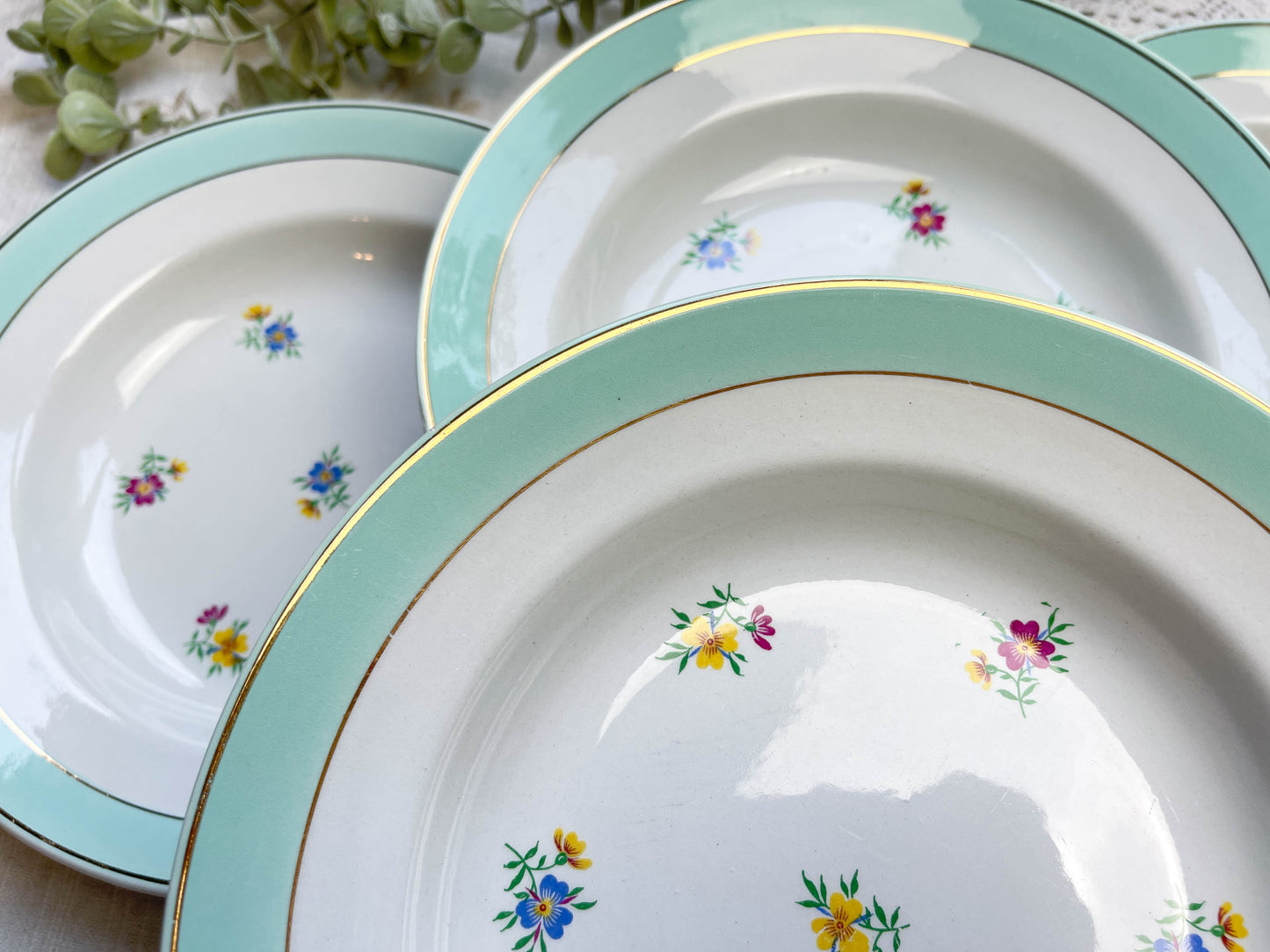 7 Assiettes creuses porcelaine vintage blanche verte fleurie LUNEVILLE 1950s