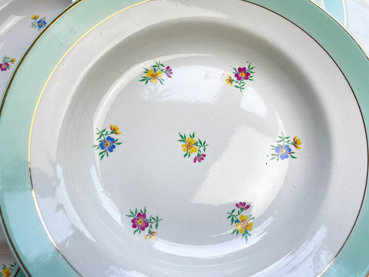 7 Assiettes creuses porcelaine vintage blanche verte fleurie LUNEVILLE 1950s