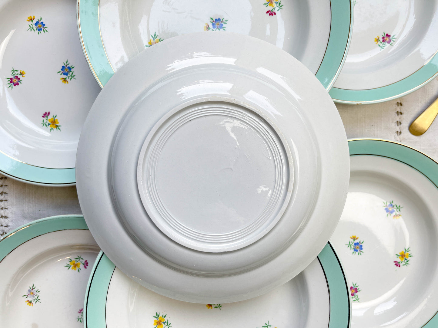 7 Assiettes creuses porcelaine vintage blanche verte fleurie LUNEVILLE 1950s