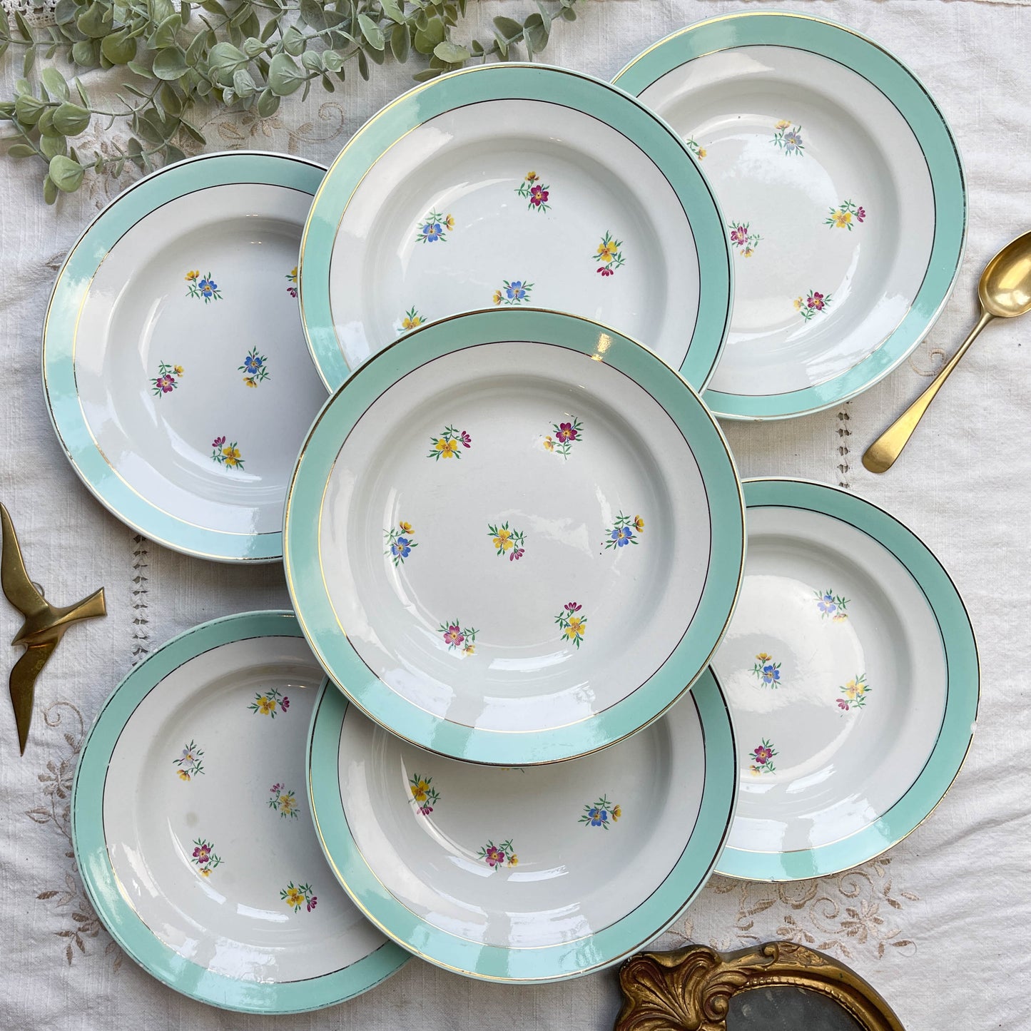 7 Assiettes creuses porcelaine vintage blanche verte fleurie LUNEVILLE 1950s
