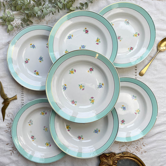 7 Assiettes creuses porcelaine vintage blanche verte fleurie LUNEVILLE 1950s