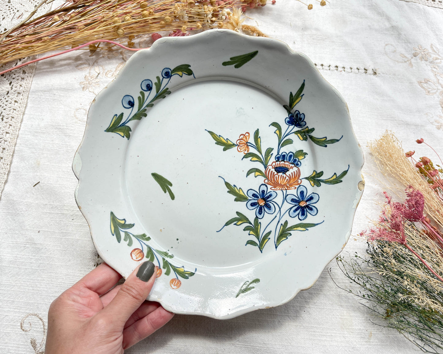 Old French Earthenware Plate 18th Century NEVERS Floral Pattern