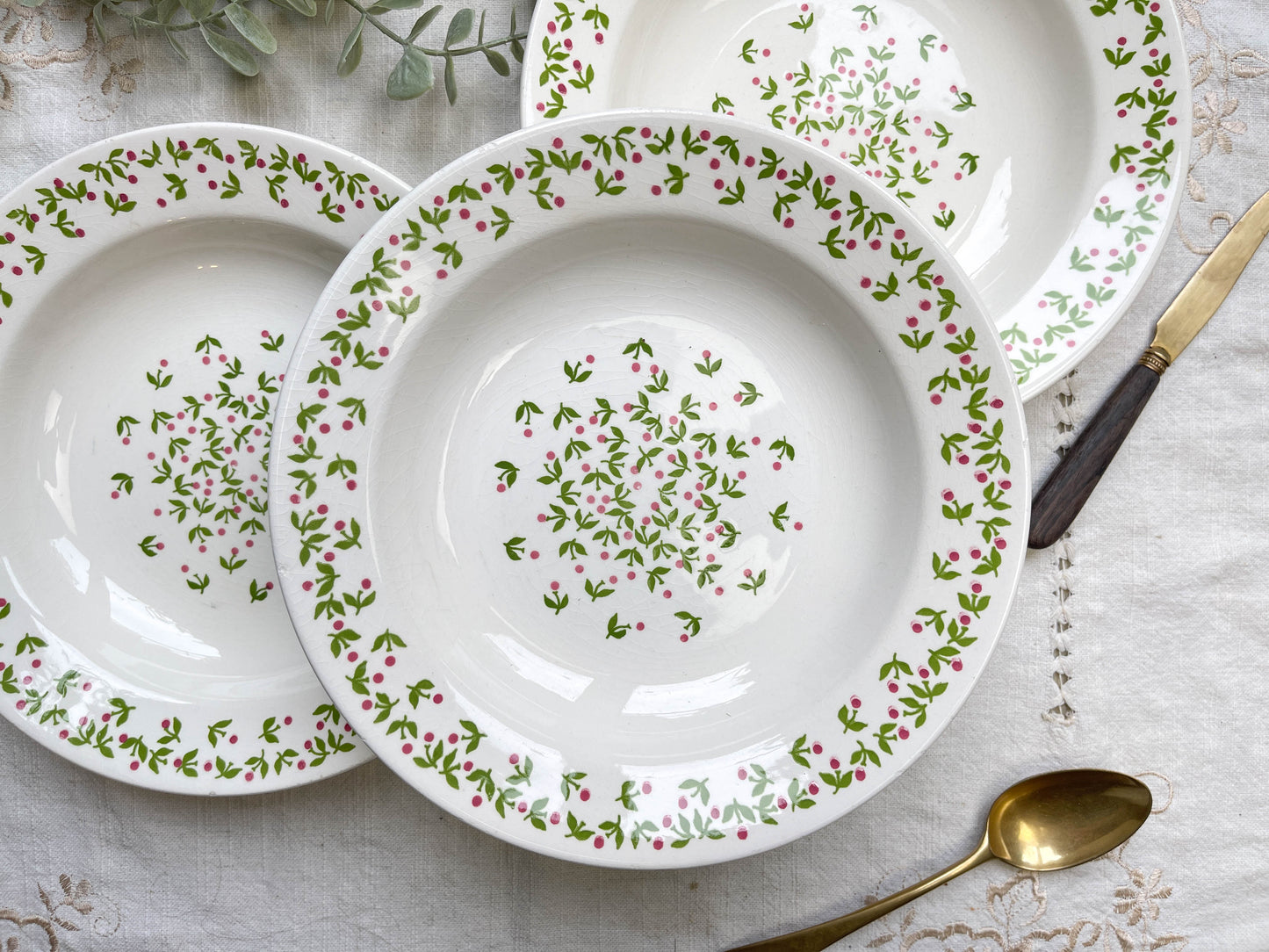 Assiettes creuses Ironstone Italienne Giovanni Valdarno motif vert rouge 1950