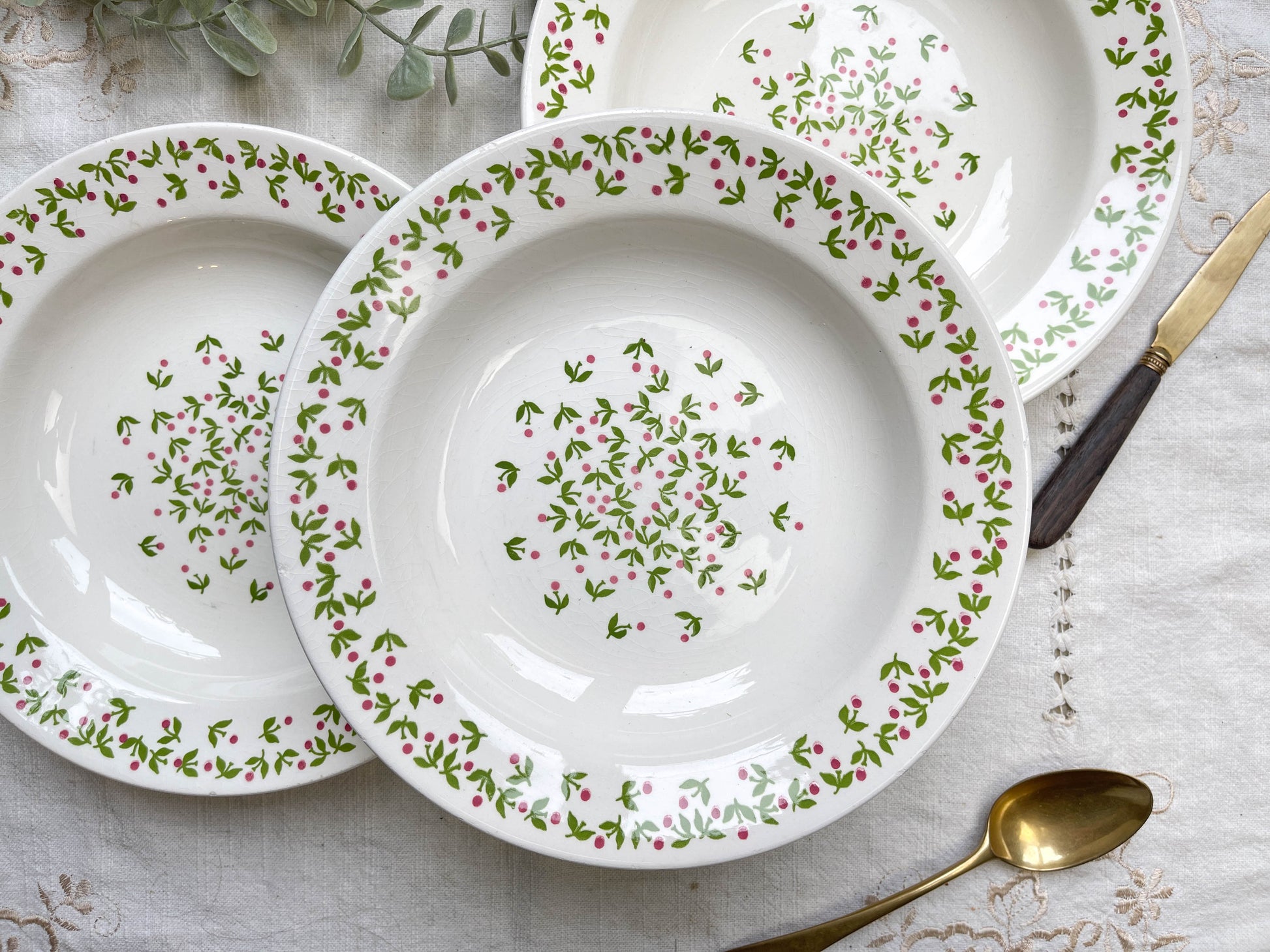Assiettes creuses Ironstone Italienne Giovanni Valdarno motif vert rouge 1950