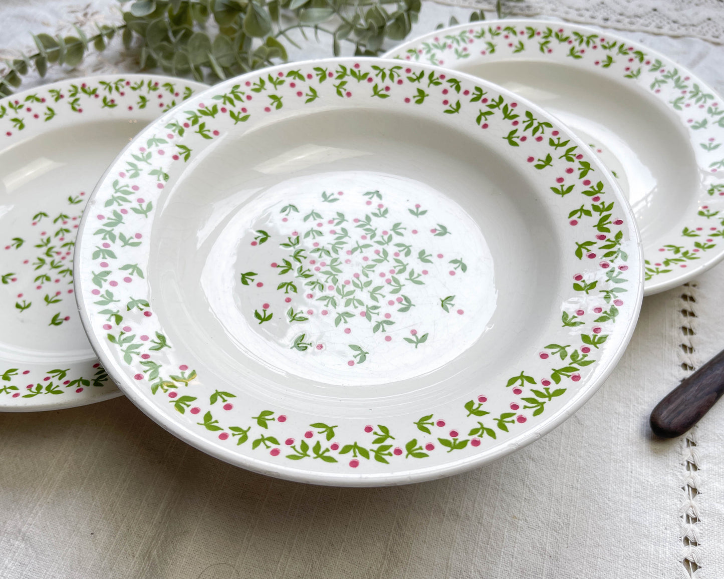 Assiettes creuses Ironstone Italienne Giovanni Valdarno motif vert rouge 1950