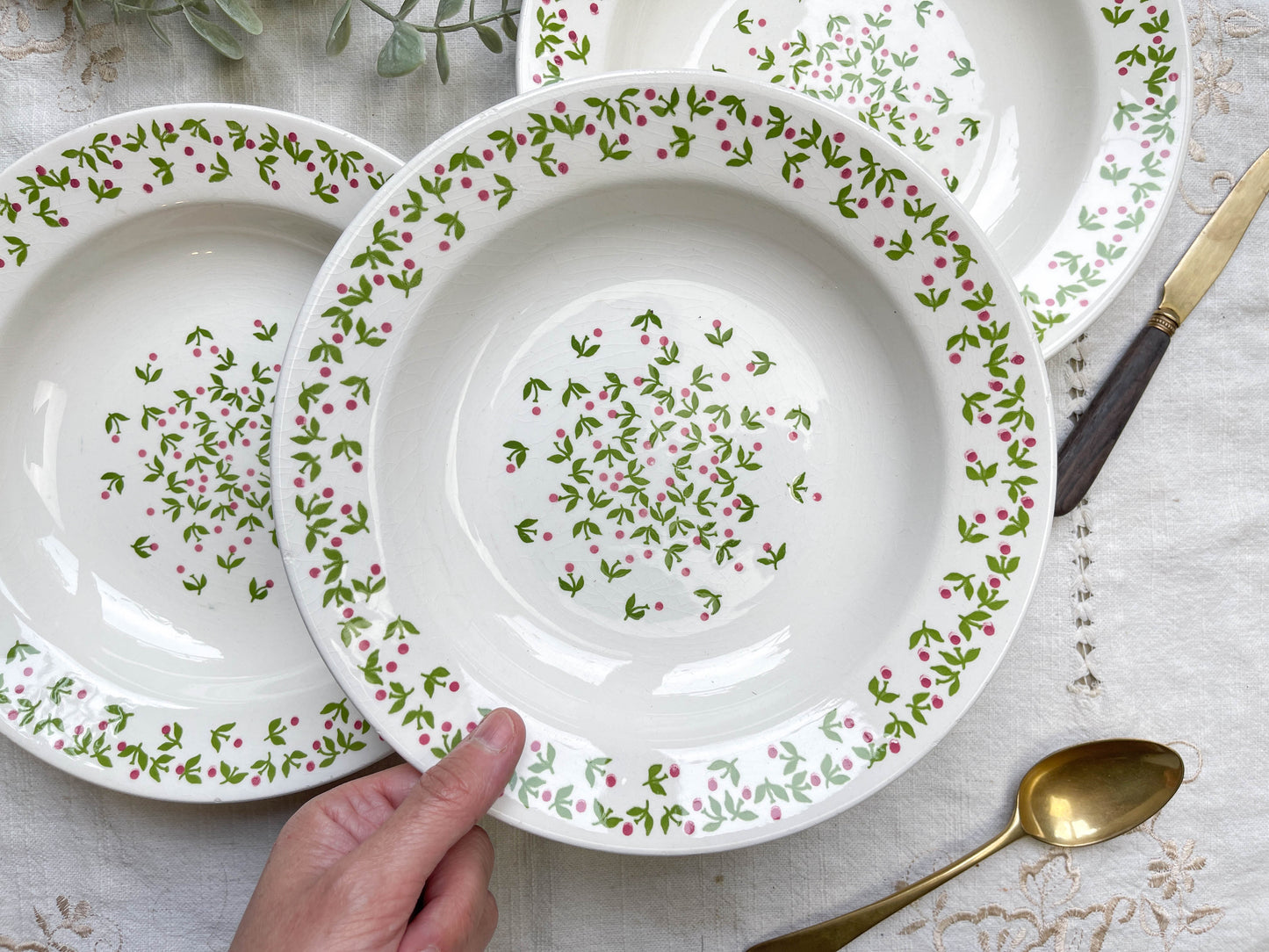 Assiettes creuses Ironstone Italienne Giovanni Valdarno motif vert rouge 1950