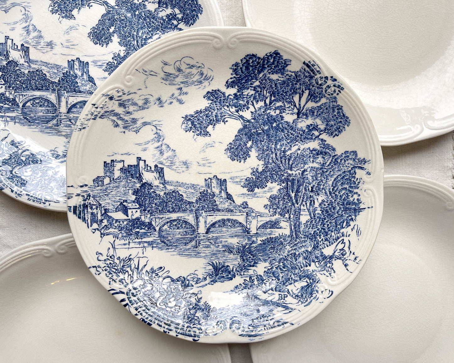 5 Assiettes vintage faïence de GIEN France dépareillées vintage motif bleues
